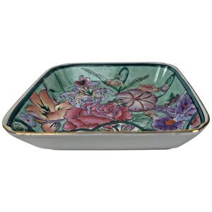 Chinese Porcelain Dish Hand Painted Pink Floral Green Vintage Square 6" Trinket